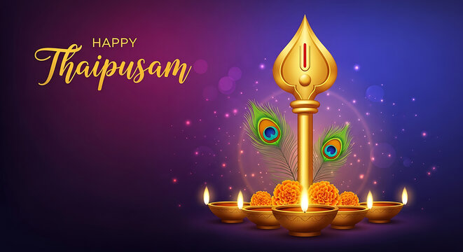 Happy Thaipusam Golden Vel and Oil Lamps on Purple Background