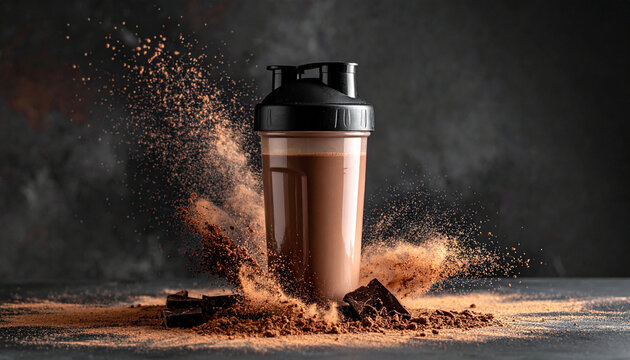 Plastic protein shaker bottle with chocolate powder explosion and splash, gym workout nutrition and bodybuilding concept