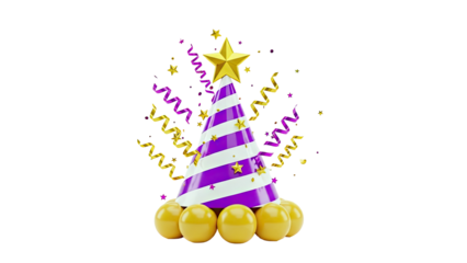 Purple and White Striped Party Hat with Gold Stars and Confetti