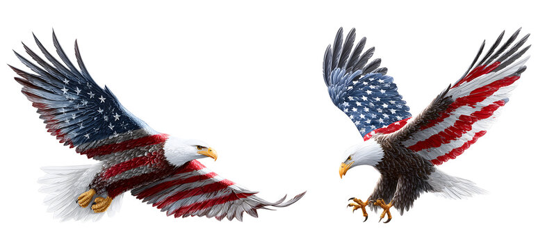 Bald eagle flying with American flag stars and stripes on wings, patriotic USA symbol isolated on transparent background.