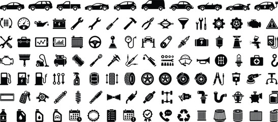 Automotive repair and car maintenance icon set with vehicles tools parts diagnostics service equipment symbols for mechanic workshop garage engineering concepts