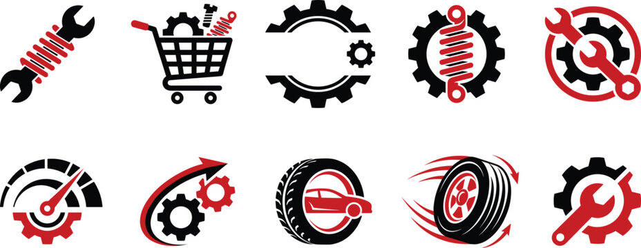 Automotive repair and maintenance icons set with wrench gear suspension tire speedometer symbols for car service workshop diagnostics spare parts branding concepts