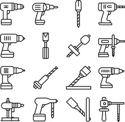Obraz premium Electric drill and drilling tools line icons set featuring power drills bits accessories equipment for construction carpentry repair workshop and DIY design
