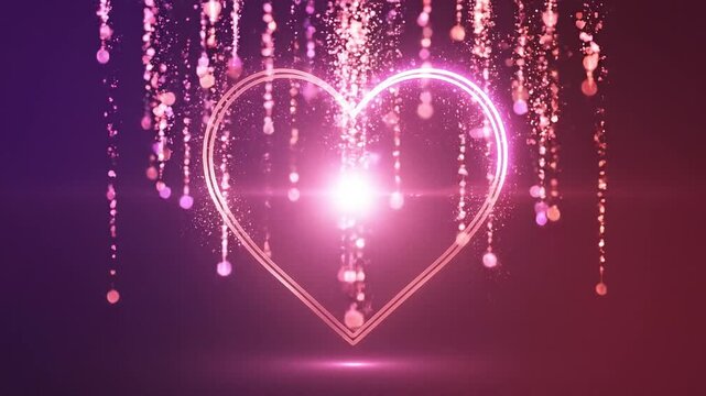Vibrant pink heart glows brightly in dark space with hanging beads in 4k video