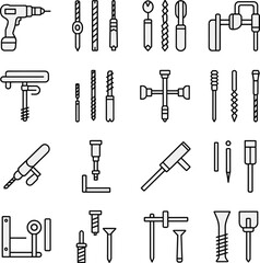 Obraz premium Hand tools and drill bit outline icons set including screws fasteners and hardware equipment for construction repair maintenance engineering workshop use