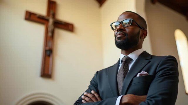 A thoughtful african american man in a suit stands inside a church. Portrait of a spiritual person with a crucifix in the background. Faith and contemplation concept