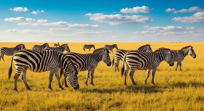 Herd of zebras grazing in a vast golden savanna under a bright blue sky with scattered clouds showcasing African wildlife in its natural habitat.