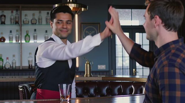 Caucasian bartender highfives male customer at bar counter - smiling exchange - vest and red apron - plaid shirt patron - bottlelined background and neon glow - warm convivial mood and casual