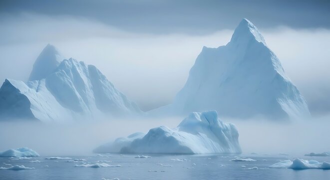 Majestic Icebergs Emerging from Dense Fog in a Cold Arctic Seascape.