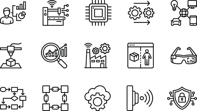 Industry four point zero smart manufacturing and automation technology icons set for digital factory IoT AI data analytics cybersecurity innovation solutions industrial systemsPrint