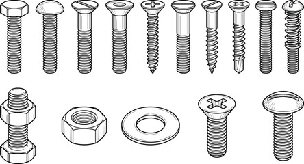 Set of screws bolts nuts and washers technical line illustration showing different fastener types for construction engineering hardware manufacturing design use
