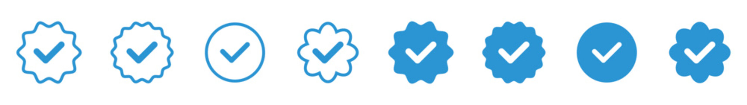 Blue Verified badge icon Set. Checkmark Approval Symbols. Validation Stamp Collection, Vector Illustration.