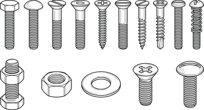 Set of screws bolts nuts and washers technical line illustration showing different fastener types for construction engineering hardware manufacturing design use