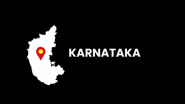 Karnataka state map animation with location pin and alpha channel. Clean geographic outline highlight.