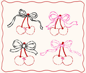 Whimsical Coquette Valentine cherries with ribbon bow outline wavy hand drawn with vintage retro vibe set