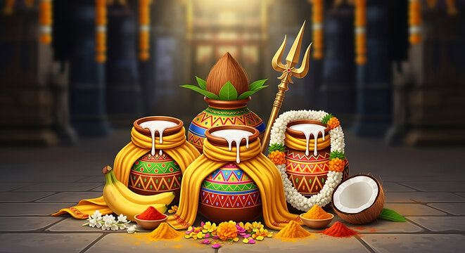Thaipusam Clay Pots with Milk, Flowers and Vel Illustration