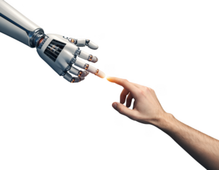 Robot and human hands about to touch, a modern Creation of Adam concept. Isolated on transparent background.