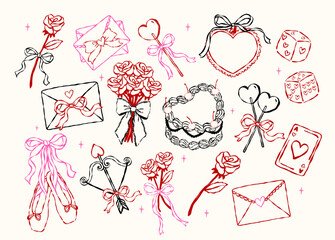 Whimsical Coquette Valentine romantic symbol and  icon elements outline wavy hand drawn with vintage retro vibe set