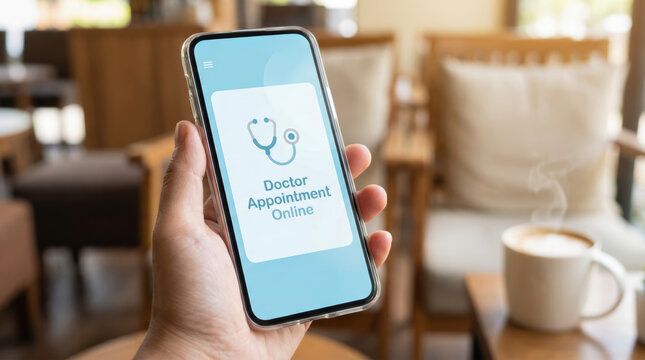 Telehealth system app doctor appointment online on smartphone screen held by hand showing convenient medical checkup service in cafe atmosphere