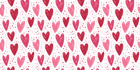 Valentine's Day seamless pattern featuring hand-drawn hearts in soft pink and red, ideal for romantic wallpaper, fabric design, and greeting cards
