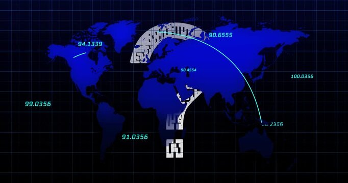 Animation of data processing over world map and question mark on black background