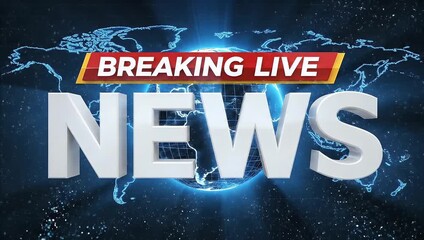 Breaking news 3d text graphic displaying information on a dark blue background with digital globe lines