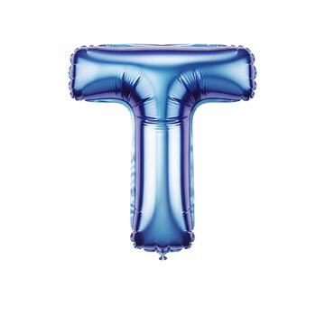 A captivating metallic blue balloon shaped like the letter t floating against a stark black background