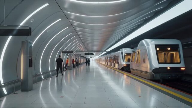 Modern futuristic underground subway station interior with high speed train arriving and commuters waiting on illuminated platform