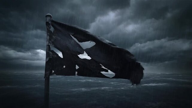 Tattered Black Flag Flapping in Stormy Rain