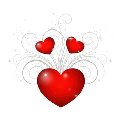 Three red hearts with swirls isolated on transparent background