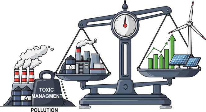 Sustainable energy sources outweigh pollution in environmental balance scale illustration