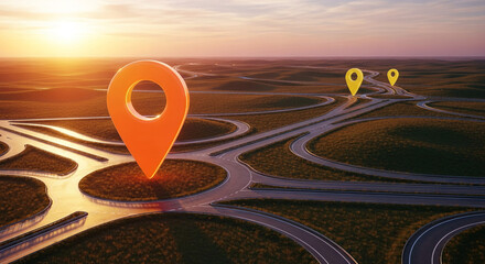 Aerial view of roads with orange and yellow location pin, symbolising navigation, location, guidance, travel, and connection at golden sunset