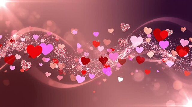 Vibrant 4k video of pink and red hearts floating in a glittery atmosphere with love and romance themes