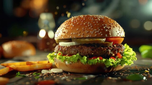 Top view of a hamburger and fries on a dining table.