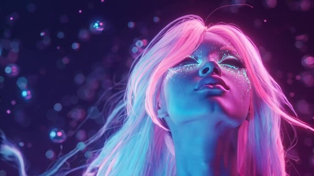 Cinematic 4K anime-style portrait young woman long flowing pink hair sparkling eyes glowing skin, magical neon particles floating ambient neon light reflections, parallax cinematic lighting, dreamy