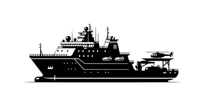 Luxury yacht, naval vessel, ship silhouette, black boat, vector illustration