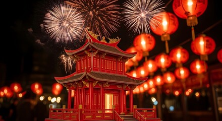 Fototapeta premium Nighttime scene of a traditional Chinese pagoda with red lanterns and fireworks display