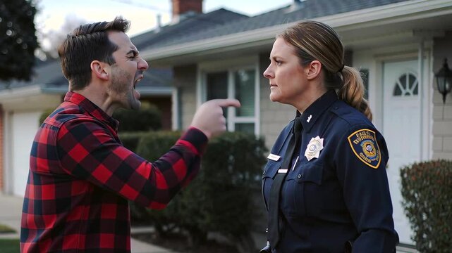 Driveway confrontation white man and officer. Female patrol officer faces angry white neighbor in front of house with trimmed hedges - resident pointing and shouting - visible uniform