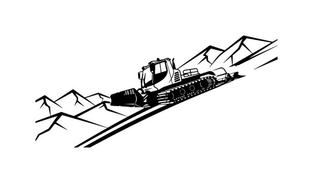 Bulldozer, construction vehicle, heavy equipment, mountain landscape, black and white vector