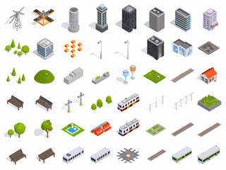 Isometric city elements buildings parks transport and various infrastructure icons