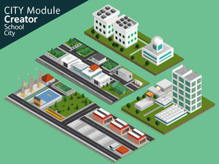 Isometric city module creator showcasing buildings roads and green spaces