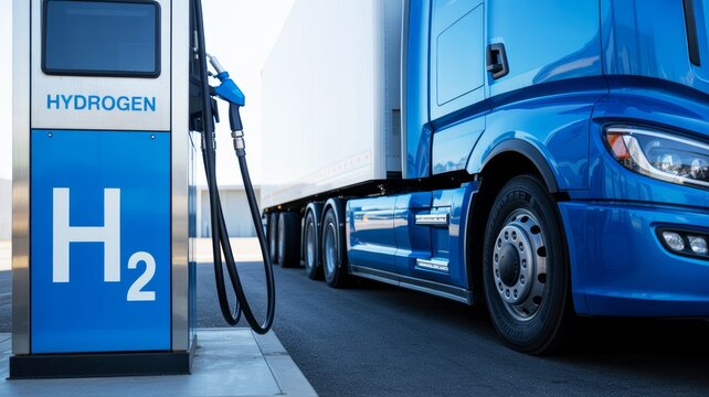 A blue hydrogen fuel station with a truck refueling, showcasing clean energy technology in transportation.