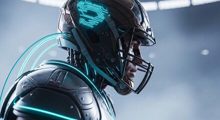 American Football Player in High-Tech Armor Preparing for a Tackle on the Field