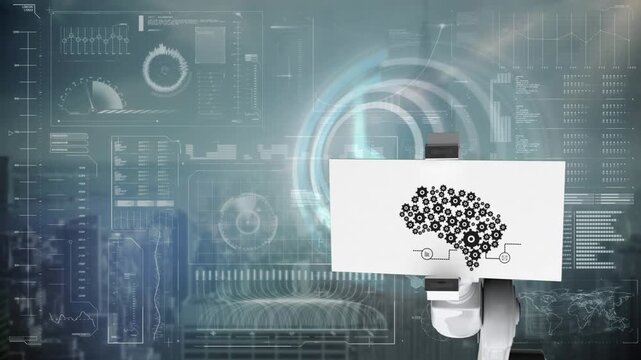 Animation of robotic arm holding drawing of gears forming brain, flow chart, infographic interface