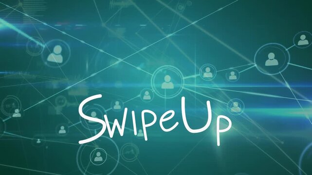 Animation of swipe up text with arrow over profile icons connected with lines, lens flare, graphs
