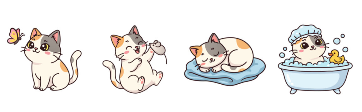 Set of cute kawaii calico cat characters. Funny kitten daily activities: playing with mouse, sleeping on pillow, taking a bath with rubber duck, looking at butterfly. Vector illustration for stickers 
