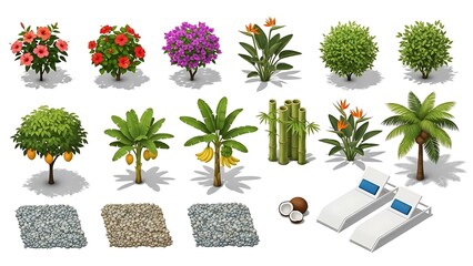 Fototapeta premium Tropical plants and garden furniture collection isolated on white background