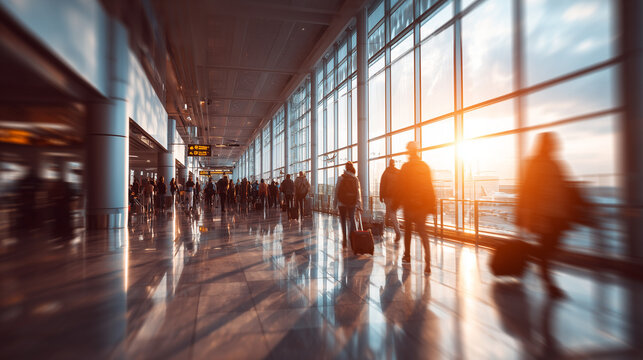 Passengers walking with luggage in modern airport terminal corridor at sunset light