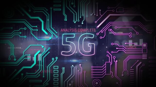 Animation of 5g text and microprocessor connections against interface with data processing