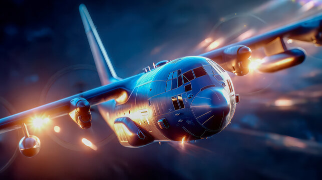 Cinematic military cargo aircraft flying at night with bright flares and dramatic lighting, tactical aviation and defense mission concept